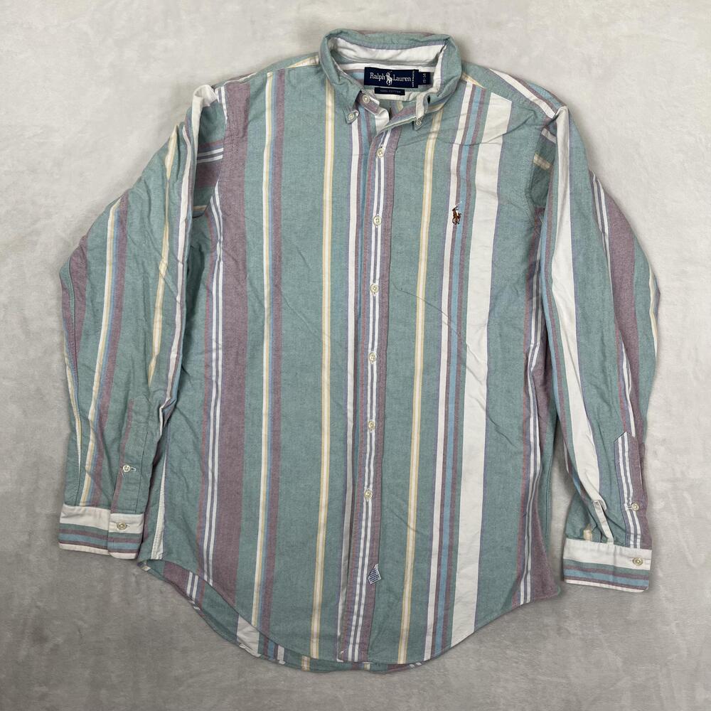 Polo Ralph Lauren Oxford Shirt Mens M Green Striped Long Sleeve Button Front